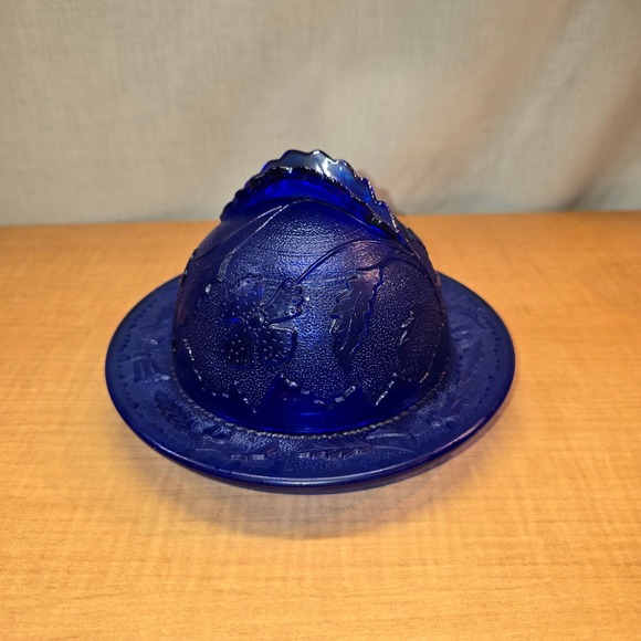 Covered Butter/Cheese Dish Depression‎ Era Vintage Cobalt Blue Glass Dome HEAVY